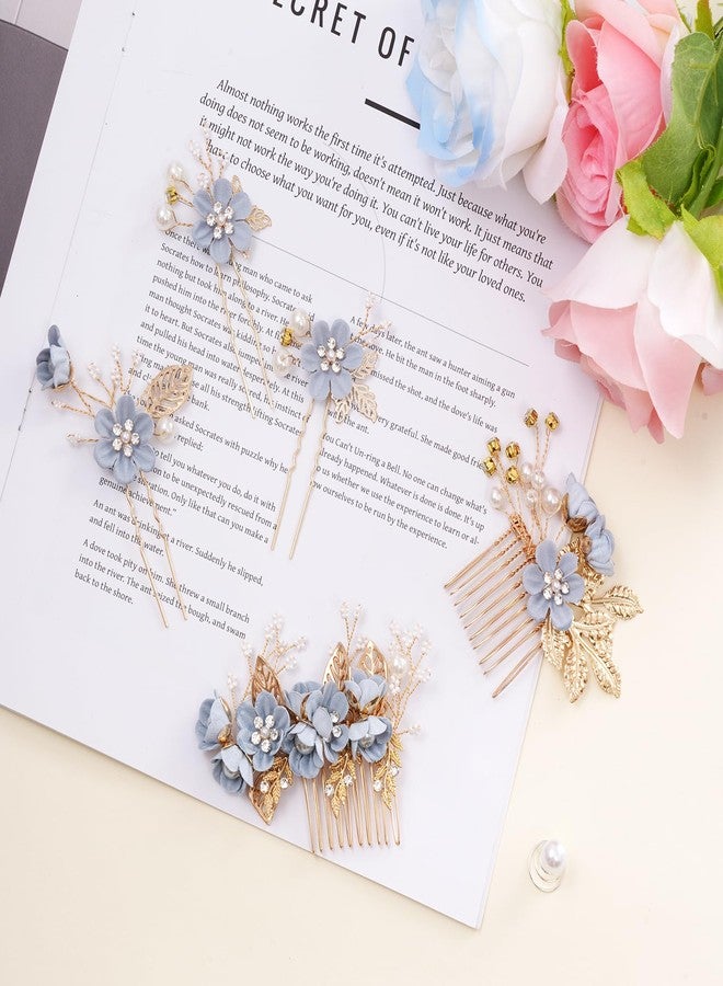 Rbenxia 20pcs Bridal Flower Wedding Hair Pins, Crystal Pearl Hair Clips Headpiece, Vintage Wedding Hair Accessories Jewelry with Rhinestone for Brides Bridesmaids Women Girls Updo(Dusty Blue) - Image 5